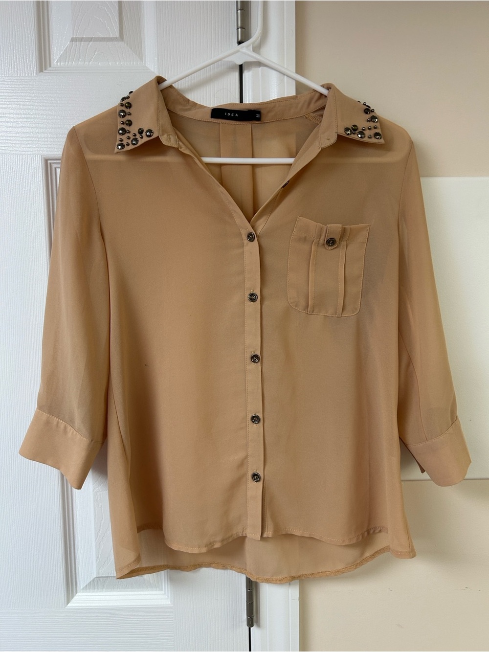 Idea Semi Sheer Button Down Shirt Open Shoulders embellishments